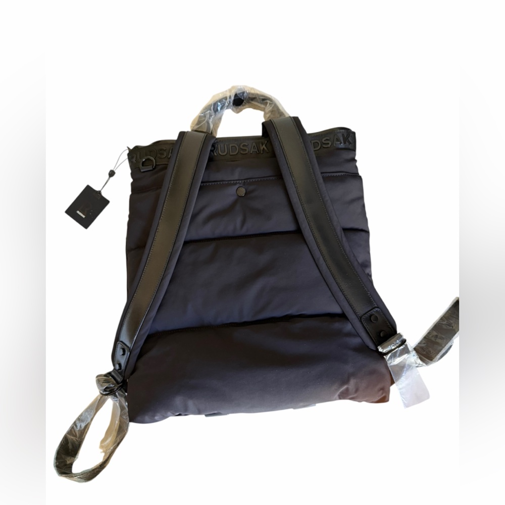 RUDSAK Black Quilted Puffer Logo Strap Backpack Minimalist Heirloom Luxury NWT - Picture 3 of 9